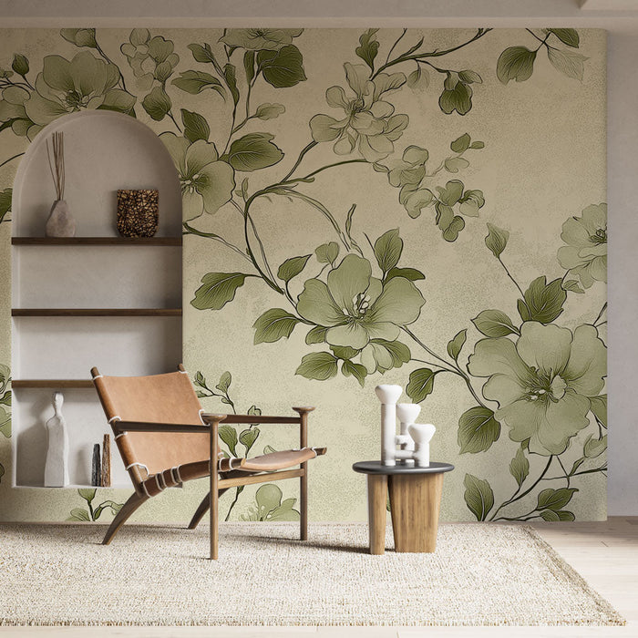 Tapeta shabby chic | Nežni zeleni cvetovi na svetlem ozadju