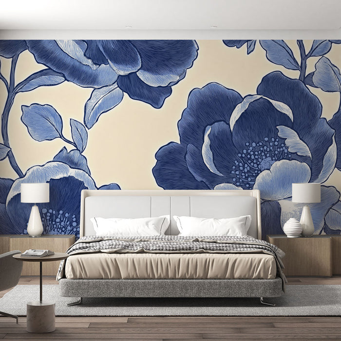 Carta da parati shabby chic | Fiori in blu profondo con sfondo crema