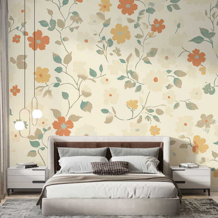 Falfestmény tapéta shabby chic | Virágzó virágok világos háttéren