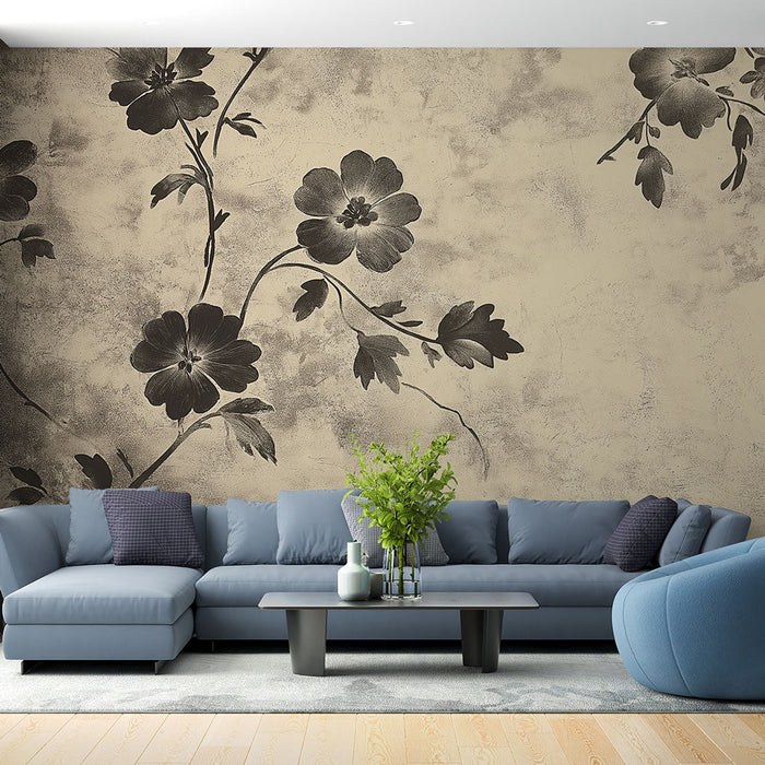 Шаби шик тапет | Елегантни черни цветя на мек фон