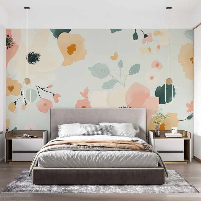 Papel de parede shabby chic | Flores em tons pastel e folhagem delicada