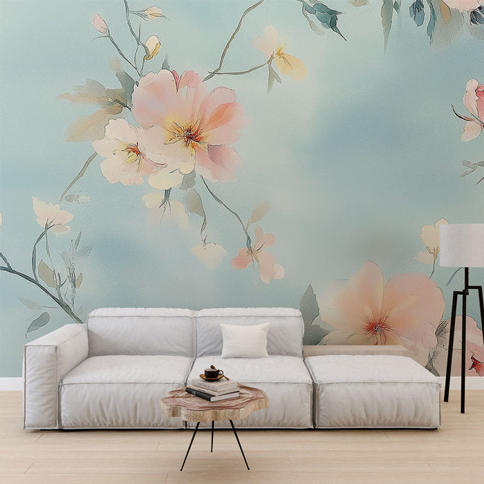 Falfestmény tapéta shabby chic | Pasztell virágok világoskék háttéren