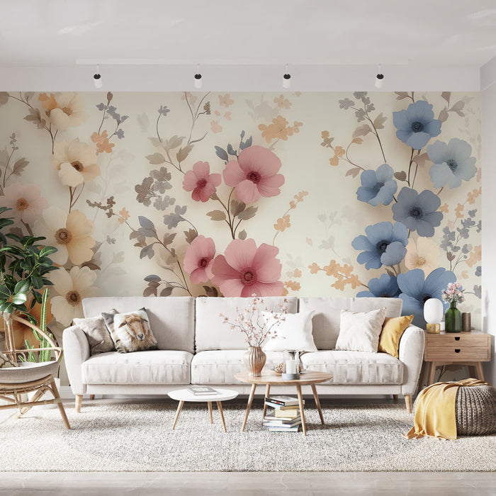 Tapete shabby chic | Pastellblumen auf hellem Hintergrund