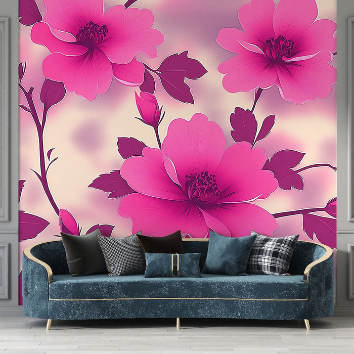 Fototapet shabby chic | Yumuşak bir arka plan üzerinde parlak pembe çiçekler