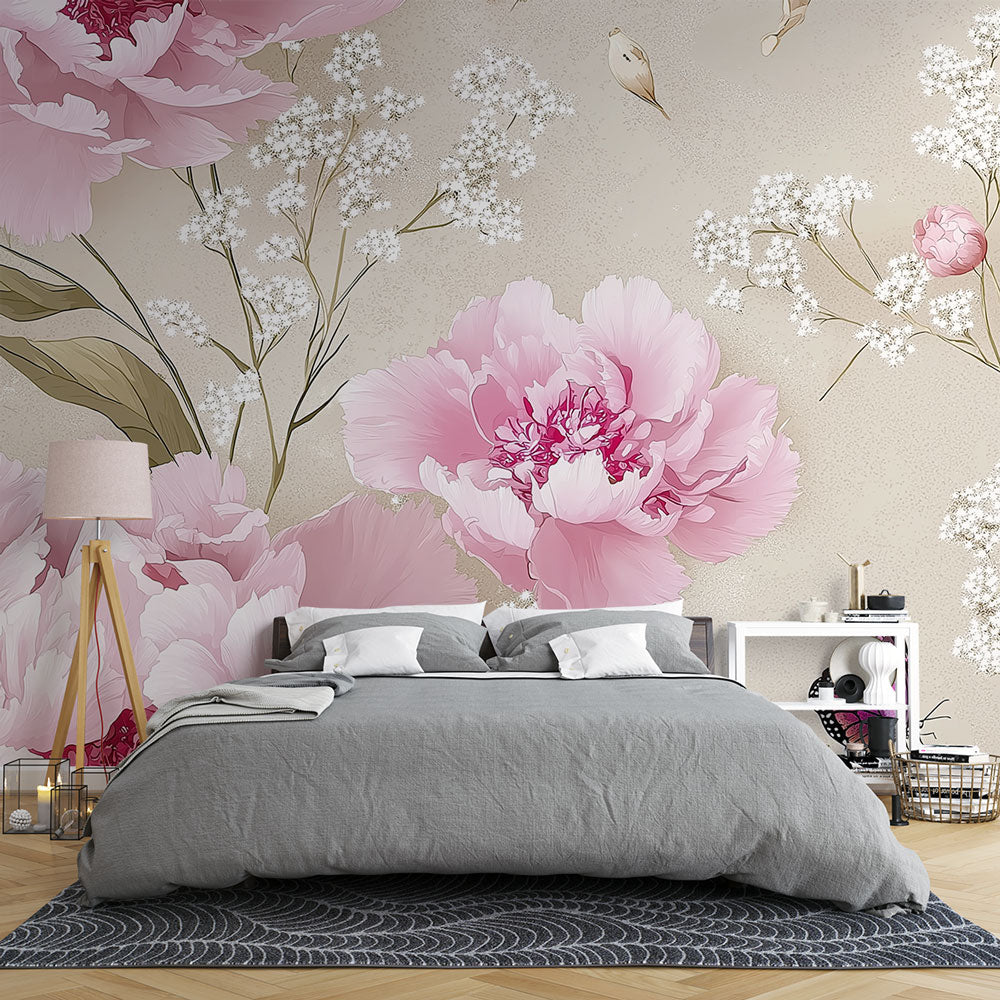 Papel pintado shabby chic | Flores rosas y delicada mariposa — WonderMural, image size:1000x1000