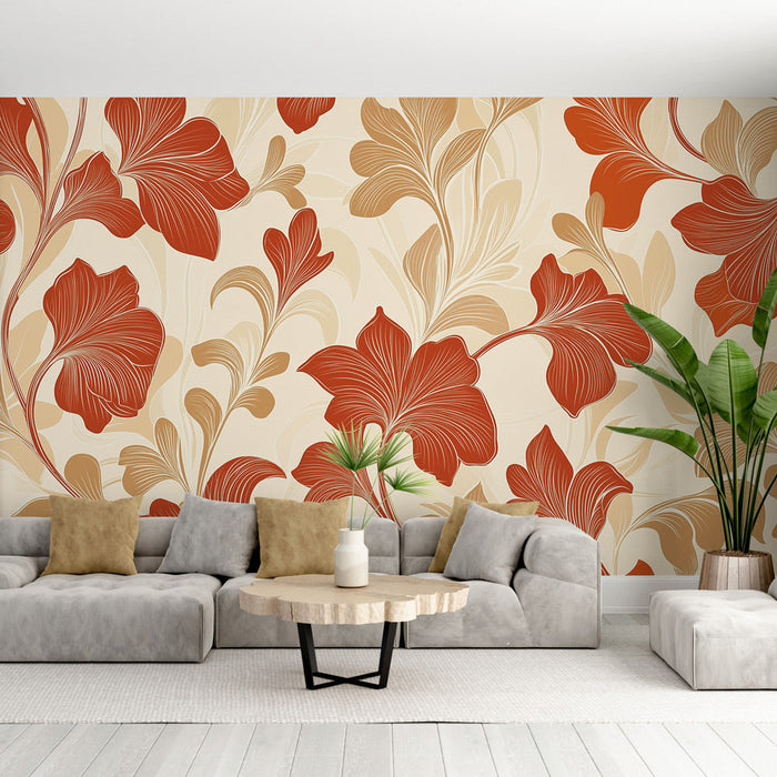 Tapetti shabby chic | Punaiset ja kultaiset kukat beigeä taustaa vasten