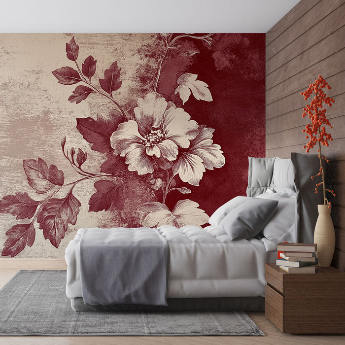 Tapete shabby chic | Große weiße Blume auf rotem und beigem Farbverlaufshintergrund