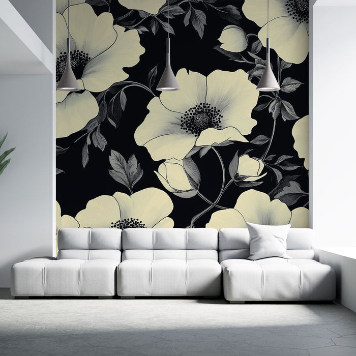 Tapete shabby chic | Große weiße Blumen auf schwarzem Hintergrund