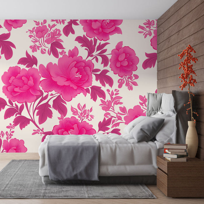 Seinapilt tapeet shabby chic | Suured erksad roosad lilled pehmel taustal