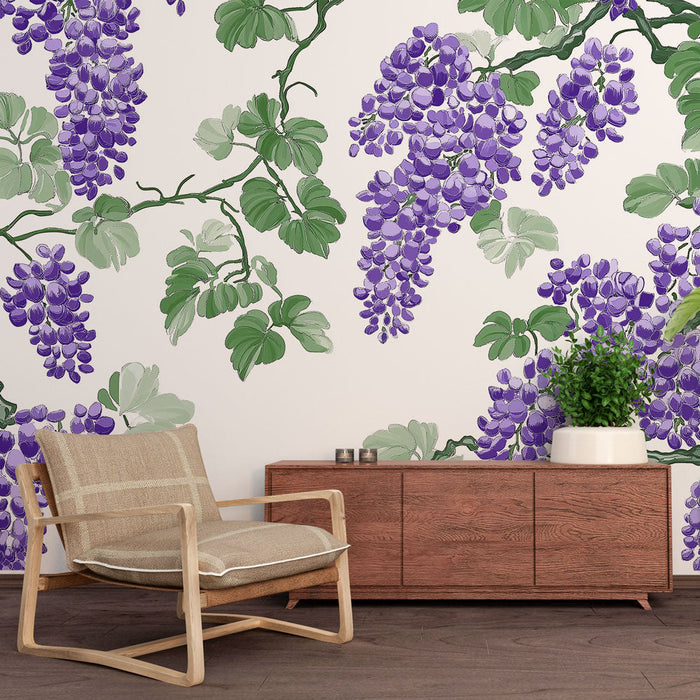 Tapete shabby chic | Clusters of purple wisteria on white background