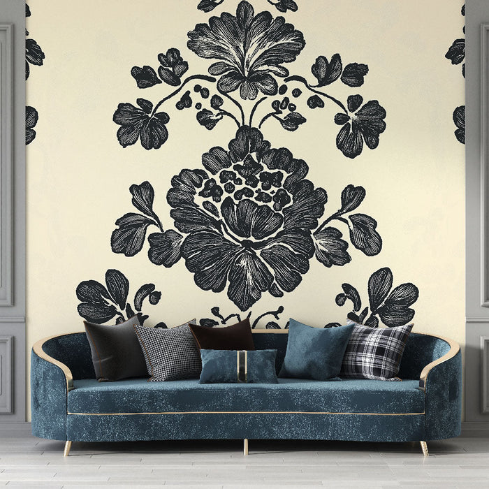 Tapete shabby chic | Hübsches schwarzes Blumenmuster auf cremefarbenem Hintergrund