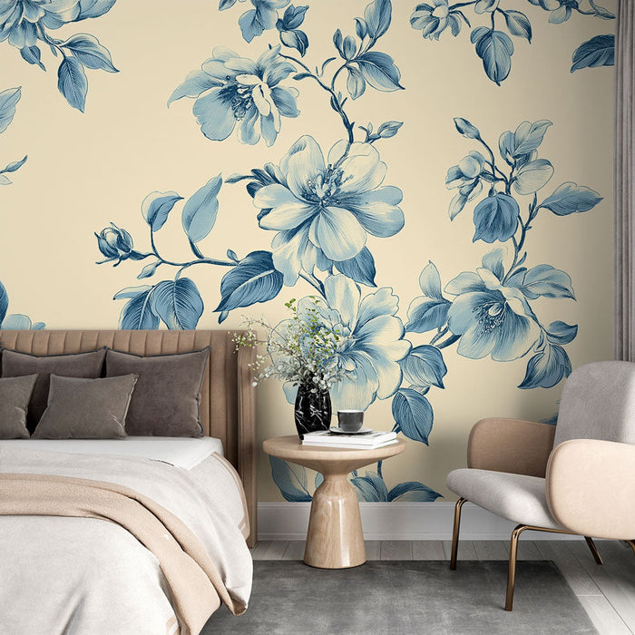 Carta da parati shabby chic | Belle fiori blu su sfondo crema