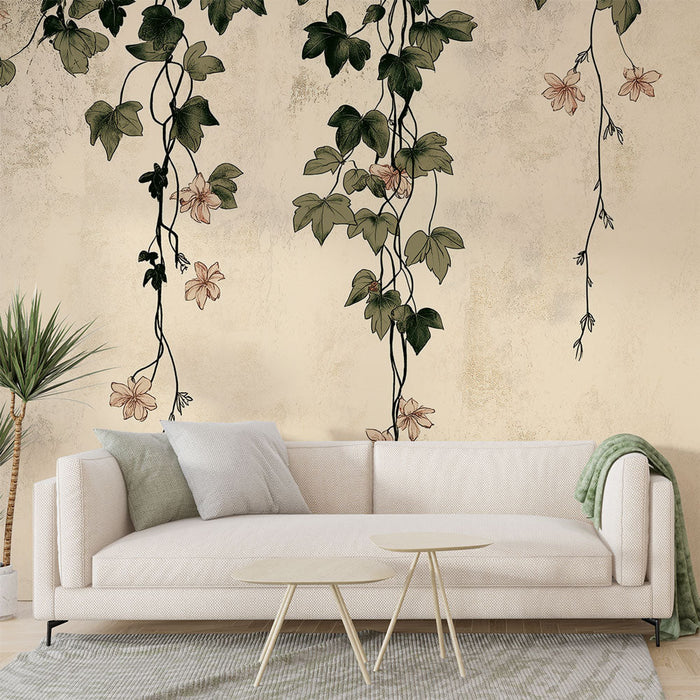 Tapet shabby chic | Viță florală pe fundal crem