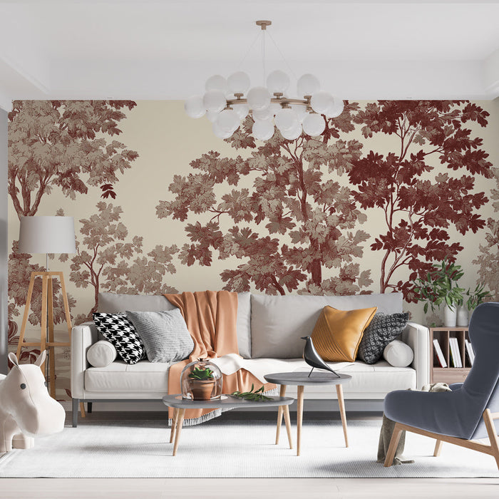 Muraaltapeet shabby chic | Puu- ja lehestikumuster pruunides toonides