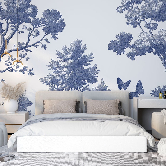 Tapeta shabby chic | Lesní vzor v modré barvě s motýly