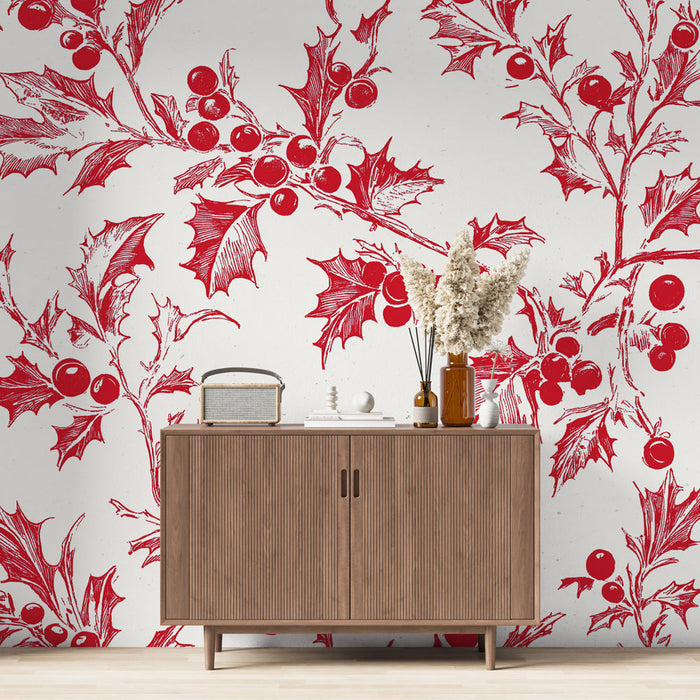 Ταπετσαρία τοίχου shabby chic | Κόκκινο σχέδιο με πουρνάρι σε ανοιχτό φόντο