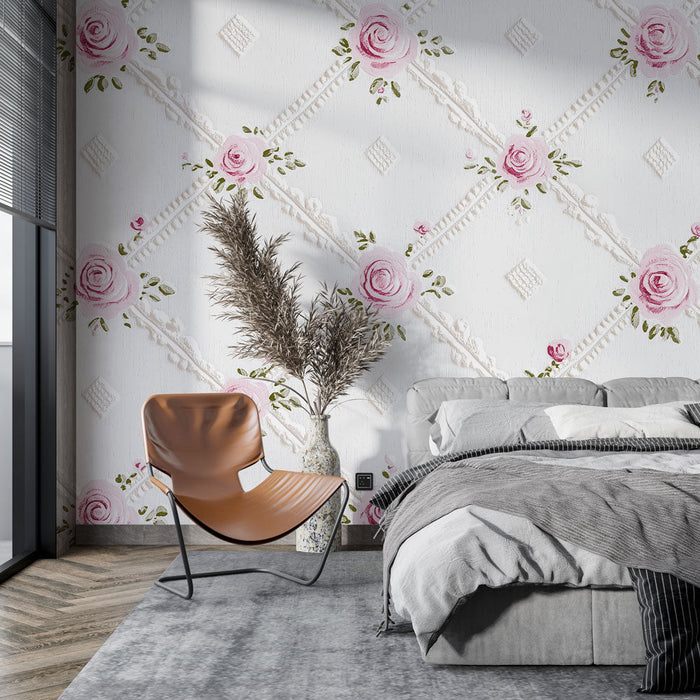 Foto Behang shabby chic | Patroon van delicate rozen op een witte achtergrond