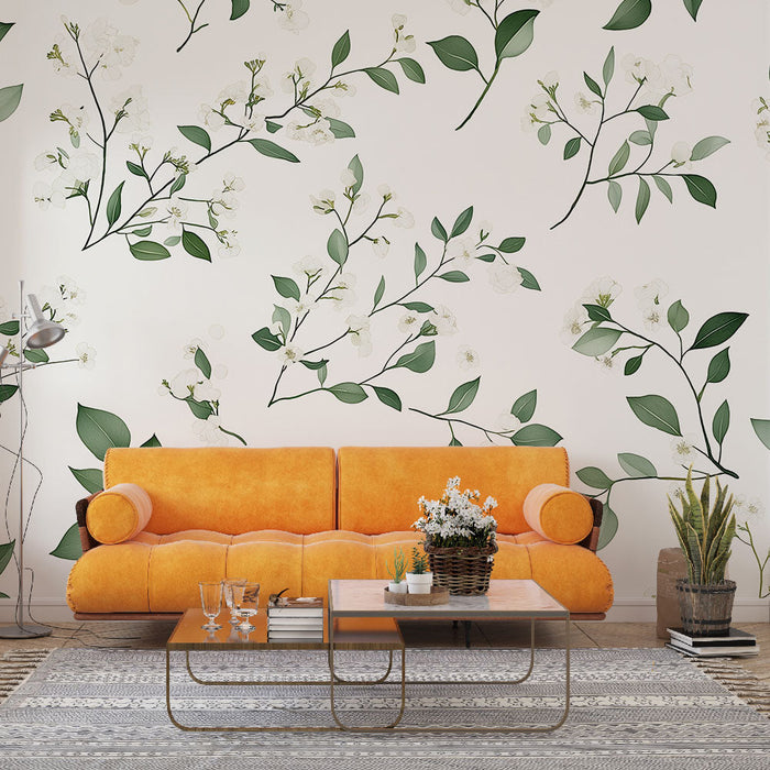 Tapet shabby chic | Delikat mønster af hvide blomster og grønne blade