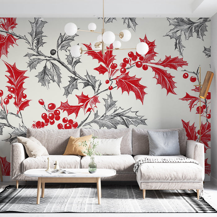 Papel pintado shabby chic | Patrón festivo de acebo rojo y negro