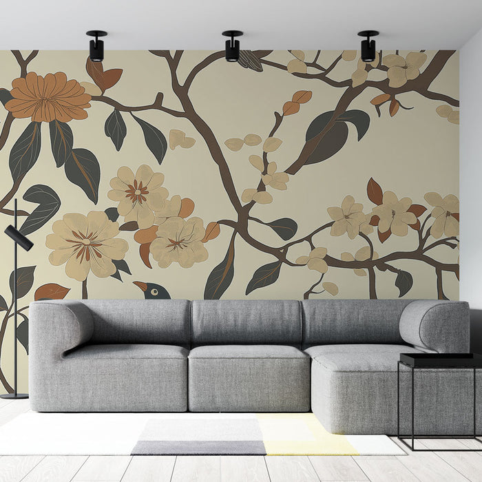 Tapet shabby chic | Blommigt mönster med en fågel i grenarna