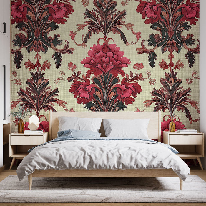 Tapet shabby chic | Model floral baroc în roșu și negru