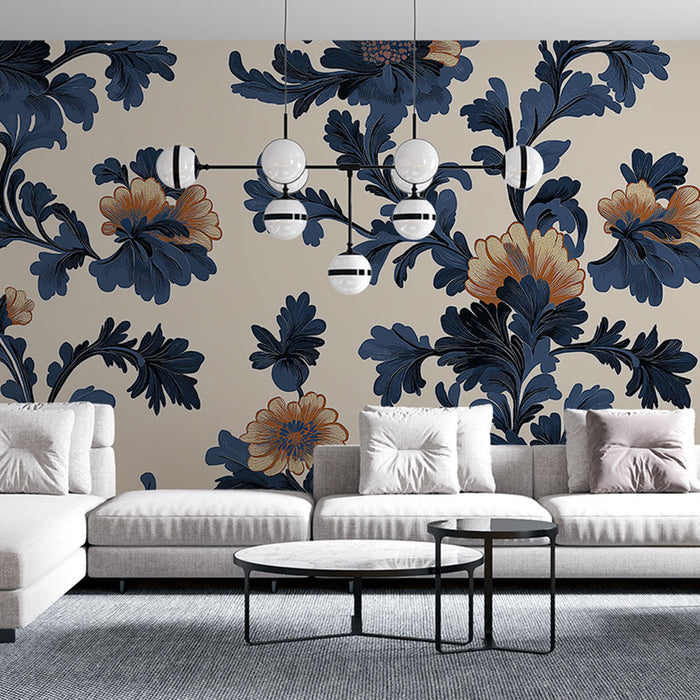 Tapet shabby chic | Blå och guld blommigt mönster på krämig bakgrund