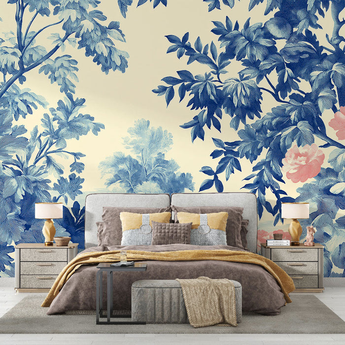 Tapet shabby chic | Blå och rosa blommönster på kräm bakgrund