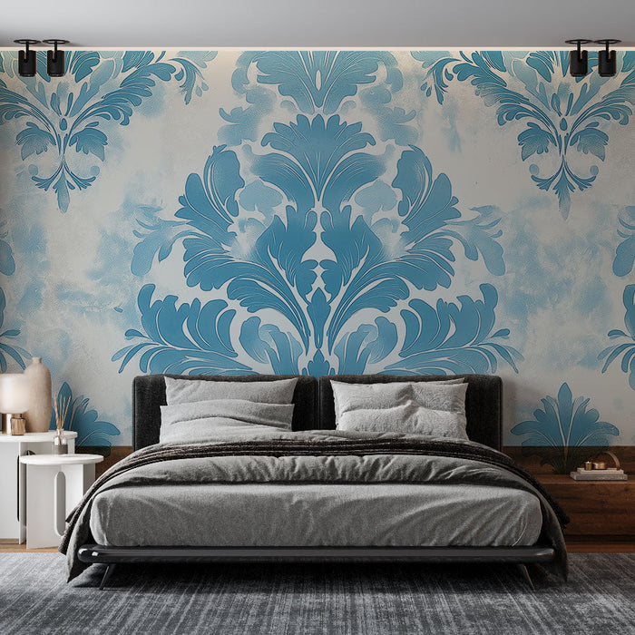 Tapet shabby chic | Model floral albastru pe fundal înnorat