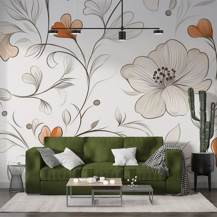 Tapetti shabby chic | Herkkä kukkakuvio oranssin ja beigen sävyillä