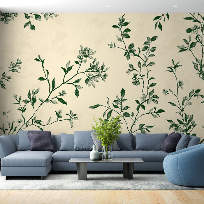 Tapeta Shabby Chic | Nežen cvetlični vzorec z zelenimi vejami