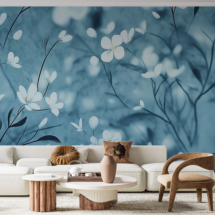 Carta da parati shabby chic | Motivo floreale delicato in blu e bianco