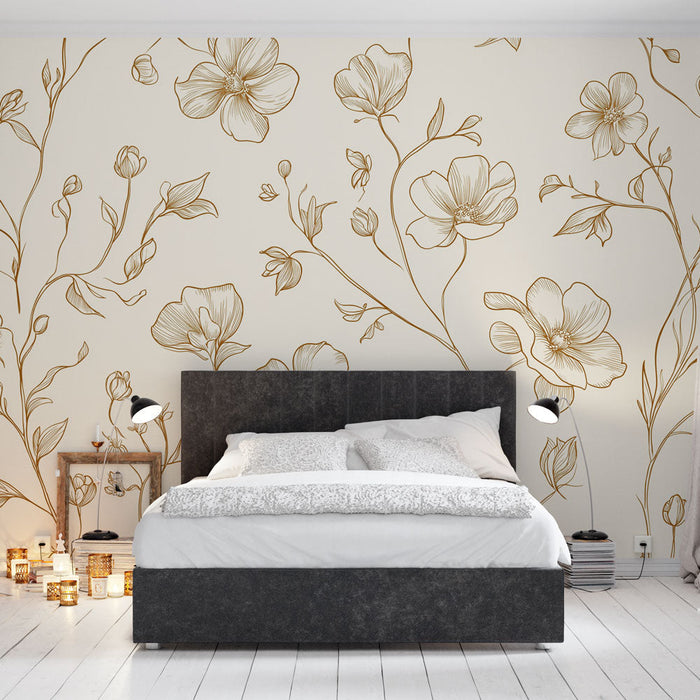 Tapeta shabby chic | Jemný květinový vzor v zlaté barvě na krémovém pozadí