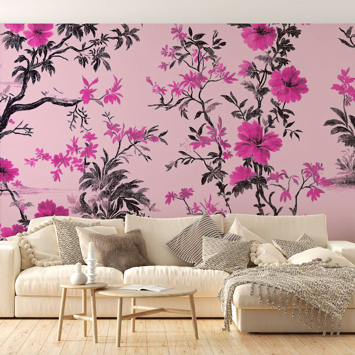 Carta da parati shabby chic | Motivo floreale luminoso su sfondo rosa