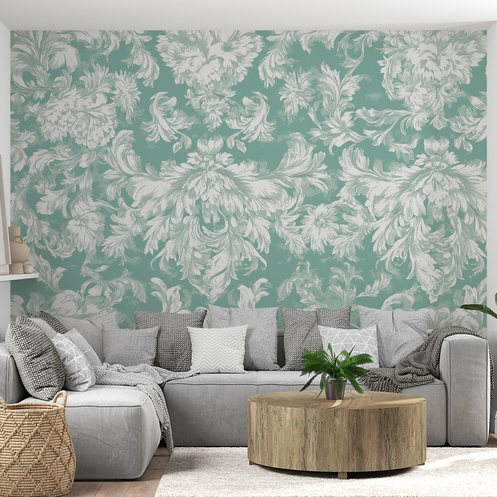 Mural Wallpaper shabby chic | Floral pattern in white on a soft green —  WonderMural, image size:1000x1000
