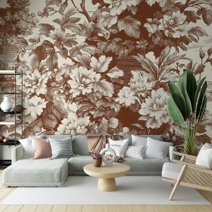 Muraaltapeet shabby chic | Pruunides toonides lillemuster maastikega