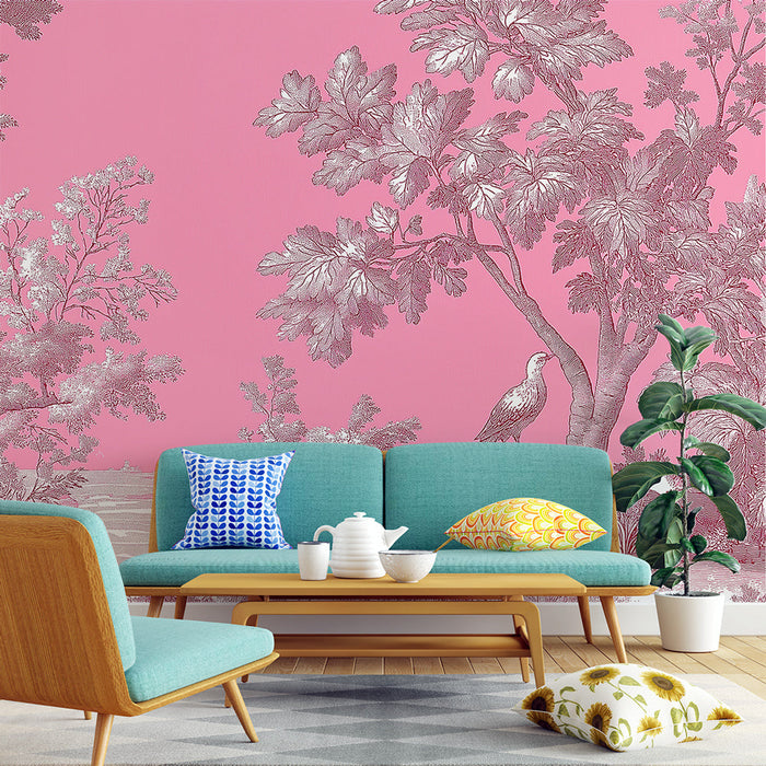 Papel de parede shabby chic | Padrão floral em rosa com pássaros e folhagem