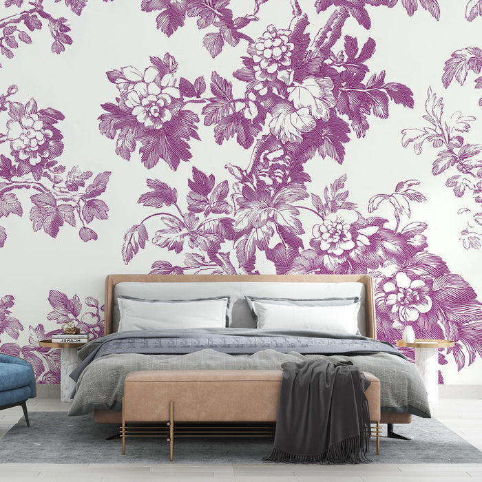 Papel de parede shabby chic | Padrão floral em roxo em fundo branco