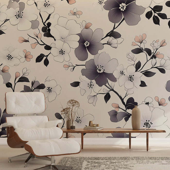 Seinatapeet shabby chic | Monokroomne lillemuster halli ja roosa varjundites