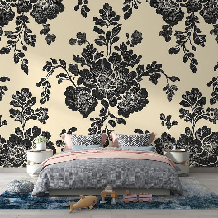 Tapeta shabby chic | Črni cvetlični vzorec na kremnem ozadju