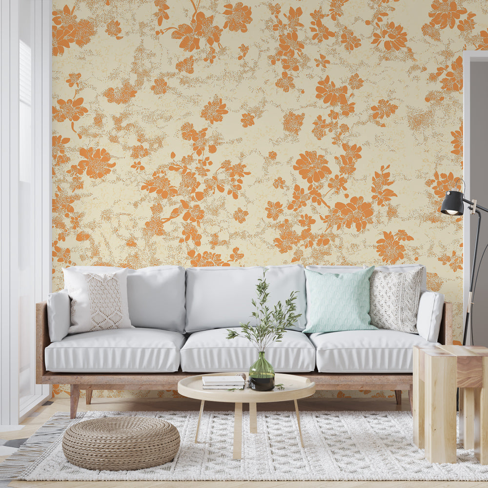 Papel de parede shabby chic | Padrão floral laranja em fundo creme, image size:1000x1000