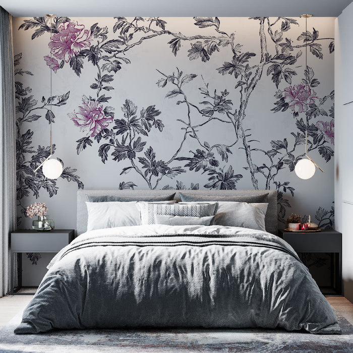 Mural Tapet shabby chic | Romantiskt blommönster med lila rosor