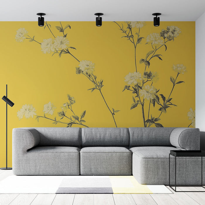 Tapet shabby chic | Blommigt mönster på ljusgul bakgrund