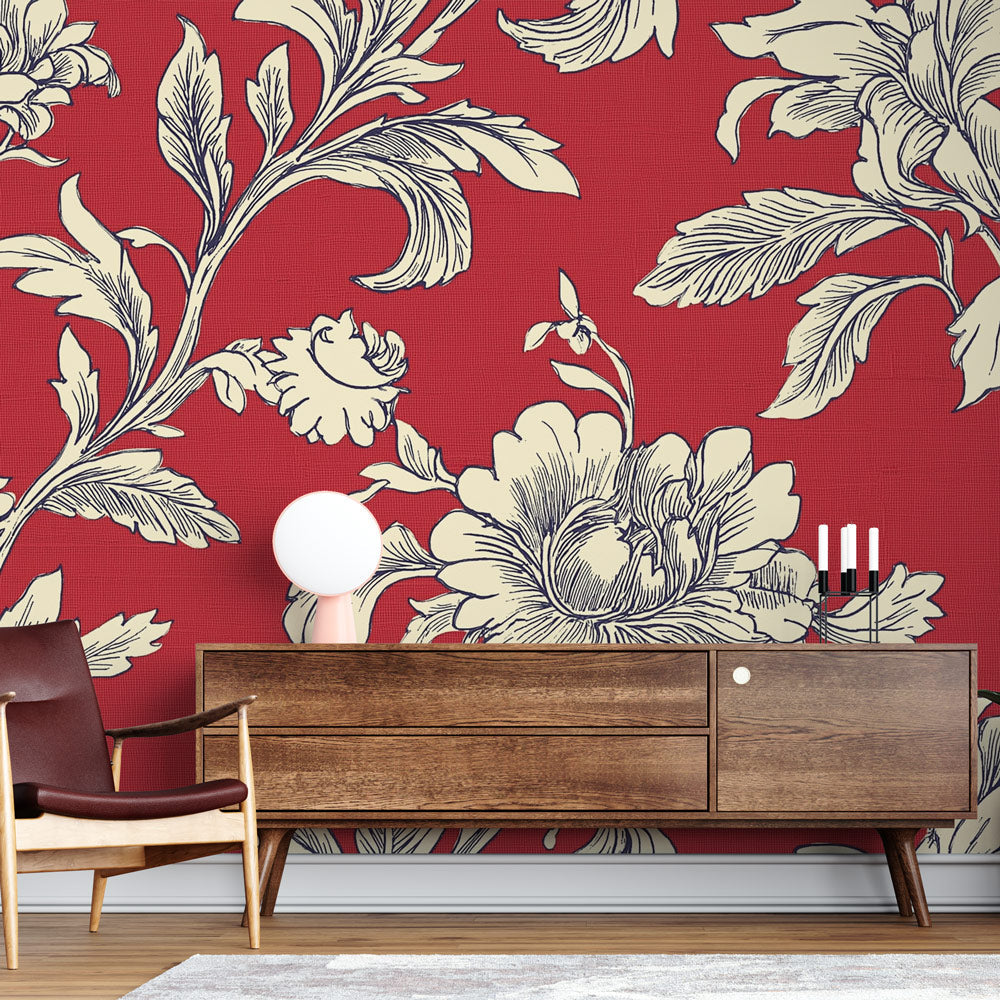 Mural Wallpaper shabby chic | Floral pattern on bright red background —  WonderMural, image size:1000x1000