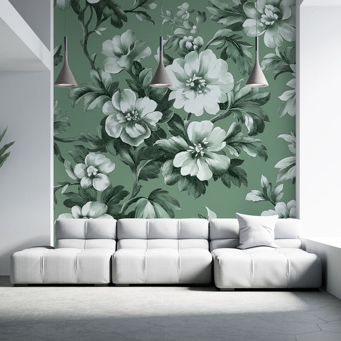 Muraaltapeet shabby chic | Vintage lillemuster rohelisel taustal