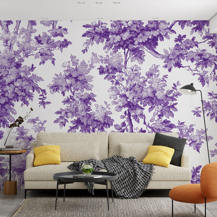 Foto Behang shabby chic | Paars bloemenpatroon op witte achtergrond