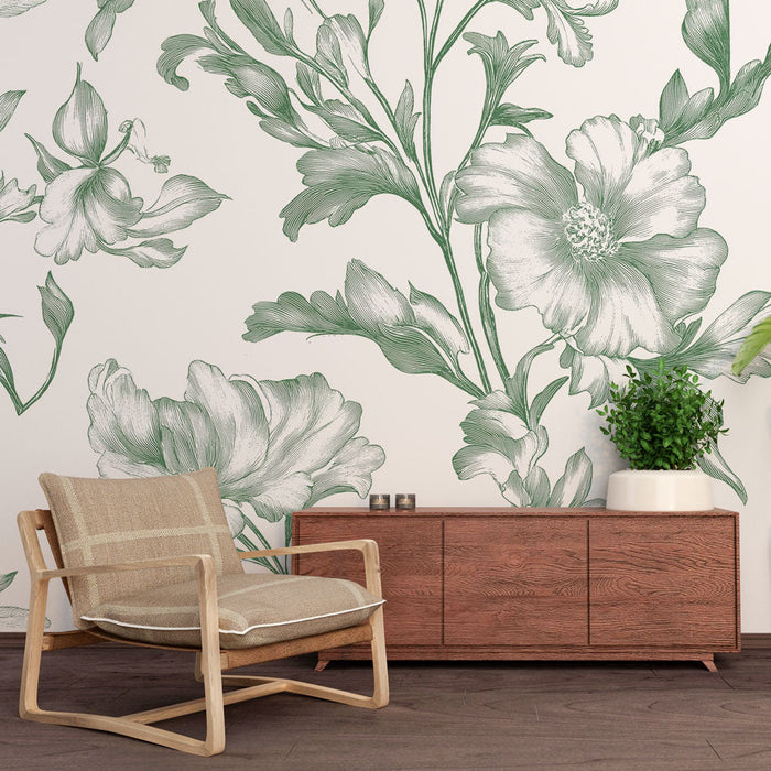 Tapete Shabby Chic | Zarte florale Muster in Grün und Weiß