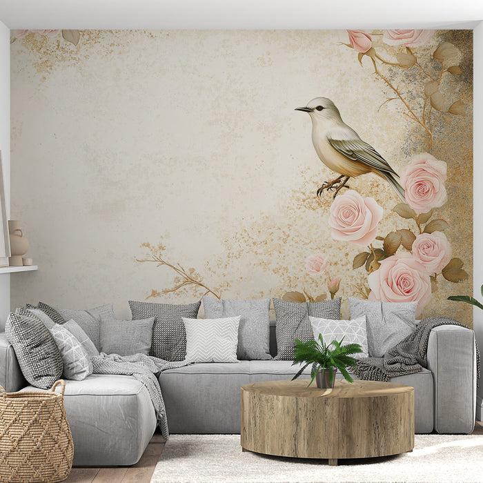 Tapeta shabby chic | Delikatne ptaki i pastelowe róże na delikatnym tle