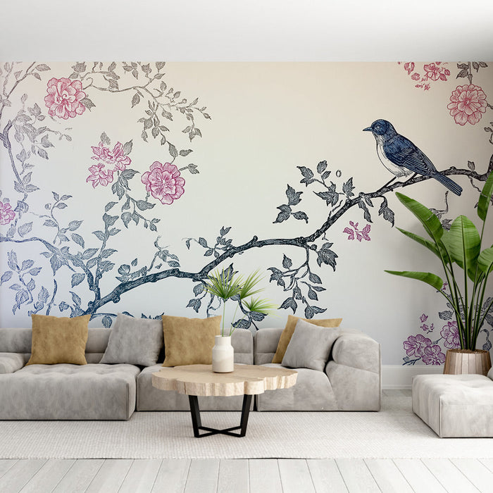 Carta da parati shabby chic | Uccello delicato su un ramo floreale