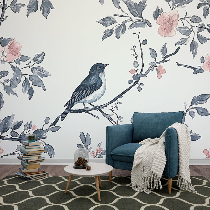 Carta da parati shabby chic | Uccello su un ramo circondato da fiori delicati