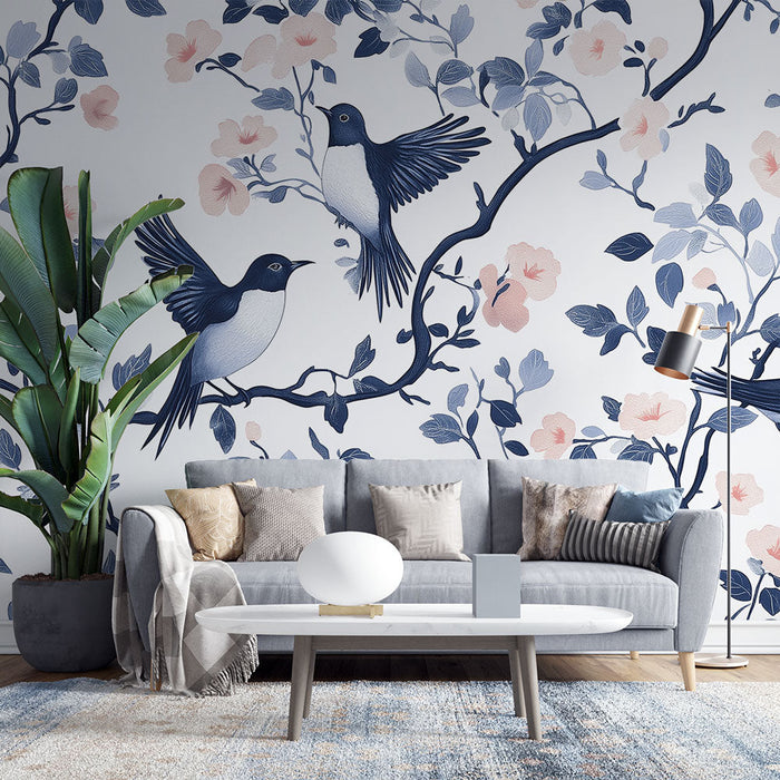 Seinatapeet shabby chic | Tumesinised linnud ja õrnad lilled heledal taustal